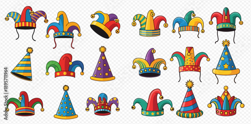 Colorful jester hats and party caps set. Collection of carnival and birthday headwear for fun celebration.
