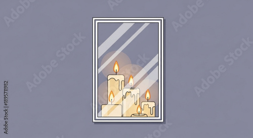 Lit candles in a framed illustration with sunlight beams on a gray background peaceful ambiance