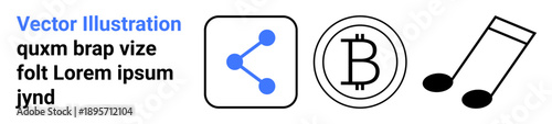 Digital communication, cryptocurrency, music sharing, online presence, technology, blockchain. Share icon, Bitcoin symbol and musical note. Digital communication and cryptocurrency concepts