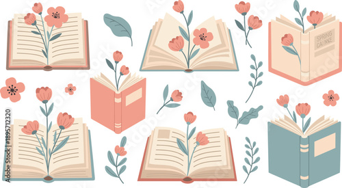 Floral book illustration set with open books flowers leaves and romantic reading elements pastel flat vector design