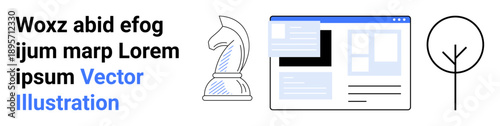 Business strategy, creativity, user interface design, modern concepts, innovation, and minimalism. A chess piece, webpage layout and tree icon. Strategy and creativity concept in focus