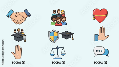 Social media communication icons handshake.