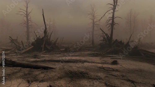Desolate conflict area scene featuring cracked earth and charred, leafless trees under a muted overcast sky