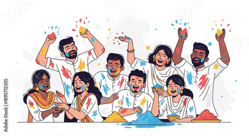 Diverse group of people celebrating Holi festival with colored powder joyful faces and vibrant celebration for cultural events and festivals