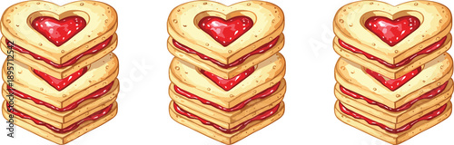 Heart shaped jam sandwich cookies stacked together, sweet bakery dessert illustration in cute cartoon flat vector style isolated
