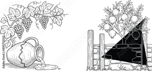 Hand drawn vineyard and garden illustrations with grapes, broken jug, stone wall and fruit tree, vintage nature sketch isolated