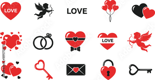 Love and romance icon set with hearts, cupid, wedding symbols and Valentine elements in flat vector style
