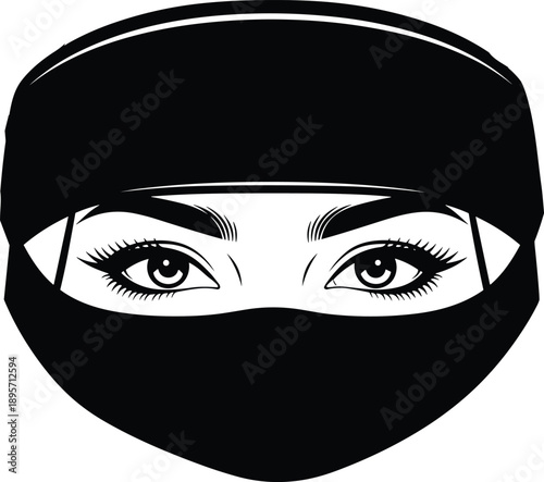 Muslim woman eyes with niqab veil, elegant black and white vector illustration representing modesty, Islamic culture, beauty, and identity