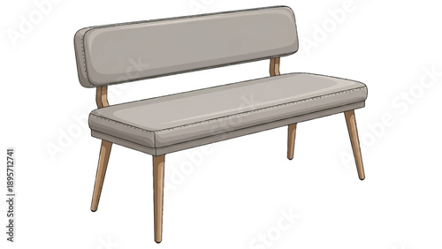 Comfortable midcentury bench with light taupe upholstery and wooden legs.
