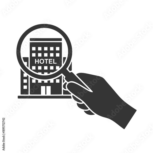 ルーペを持つ手のシルエットアイコン　ホテル