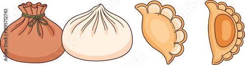Set of traditional dumplings and stuffed pastries illustration, colorful handmade food icons collection isolated on white background