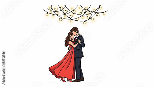 Elegant ballroom dance by a couple in formal attire, communicating romance.