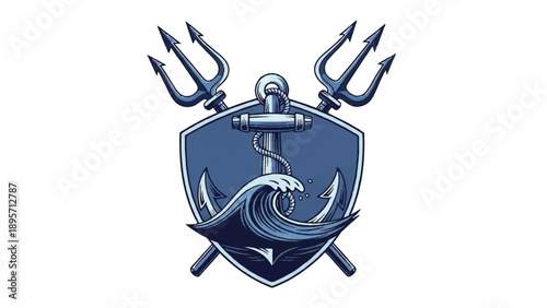 Nautical shield emblem featuring anchor and trident ideal for maritime branding and identity design.
