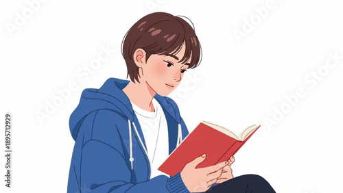 Young person wearing a blue hoodie reading a red book in a calm setting.