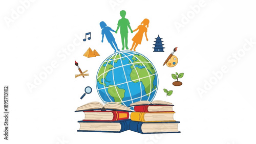 Global learning and environmental awareness rising from colorful books and connected people.