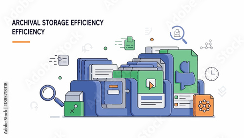 Illustration of archival storage efficiency with folders, boxes, and digital devices in a modern office.