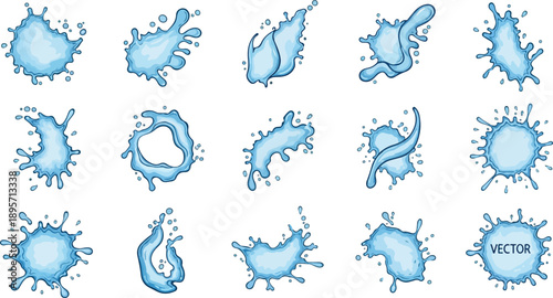 Collection of blue splatter illustrations showcasing various shapes and forms in a creative display