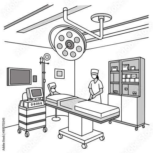 Vector illustration of a sterile hospital operating room interior, equipped for complex surgeries and medical interventions