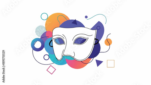 Colorful theater mask with abstract shapes and decorative elements in a modern illustration.