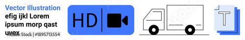 Communication, transportation, multimedia, digital editing, logistics, media production. A layout of HD video, truck and text-related elements. Communication and transportation element design