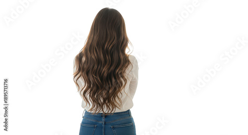 Young woman with long wavy hair standing from behind isolated on transparent background
