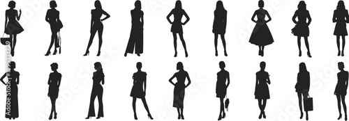 Set of elegant woman fashion model vector black silhouette illustrations in various stylish poses isolated on white background for apparel design and lifestyle projects
