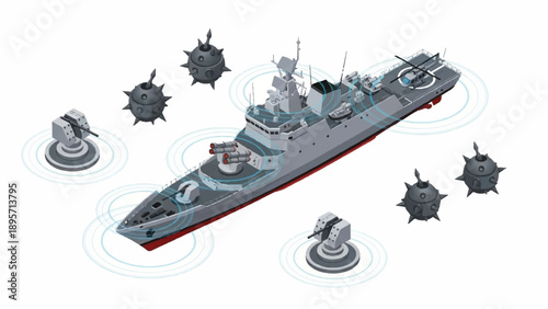 Illustrated battleship afloat amid floating mines and defensive turrets in a naval combat scene.