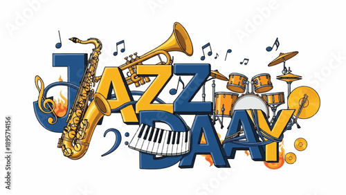 Colorful illustrated jazz festival typography featuring musical instruments and lively notes.
