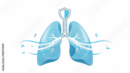 Anatomical illustration of human lungs highlighting respiratory structures and blue color scheme.