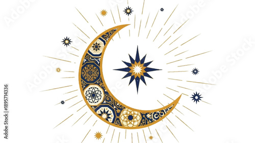 Intricate Islamic Crescent Moon and Star Ornament Artwork.