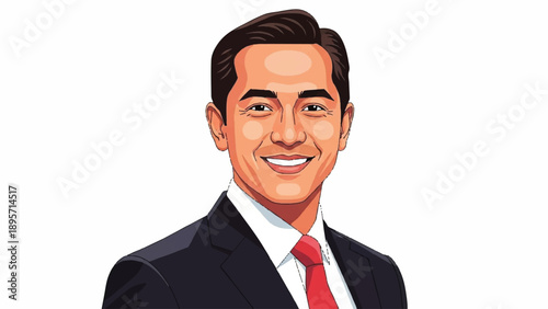 Illustrated portrait of a confident businessman wearing a dark suit and red tie.