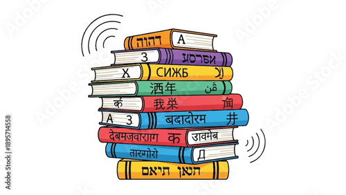 Colorful stack of multilingual books with audio symbol and playful illustration.