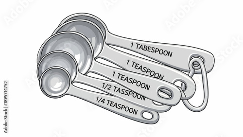 Set of stainless steel measuring spoons arranged for kitchen use with labeled sizes and compact design.