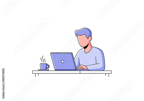 Person Working Remotely Using Laptop Computer Sitting at Desk With Hot Beverage Near Window Minimalist Modern Style Flat Design Illustration