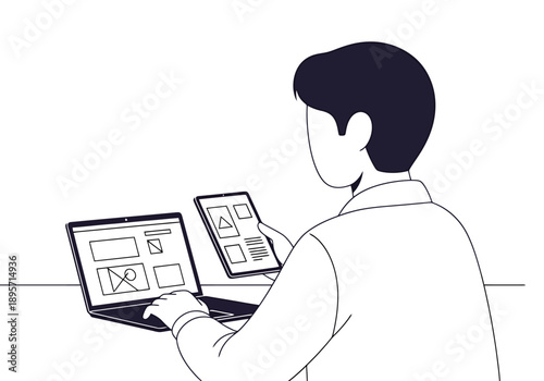 Person sketching website wireframes on laptop and tablet for digital design project using modern technology for user interface development workflow