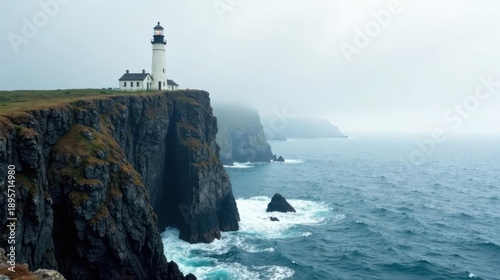 Wallpaper Mural A solitary lighthouse stands tall on a dramatic cliff, overlooking a vast, misty ocean; waves crash against the rocky shore, creating a breathtaking seascape. Torontodigital.ca