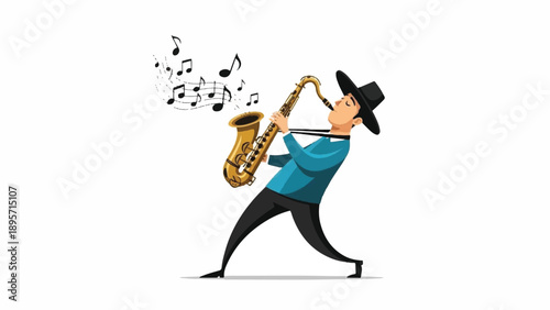 Colorful cartoon saxophonist in energetic pose, playing jazzy melody with a dancing character.