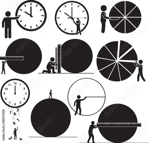 Measuring Time and Circles Mathematics Concept Silhouette Illustration Set