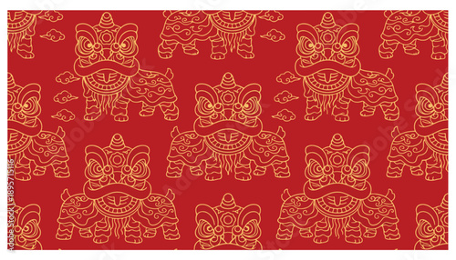 Chinese New Year Lion Dance Pattern Red Gold