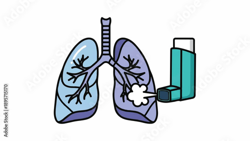 Cartoon lungs with an inhaler illustrating respiratory health and science for education and awareness.