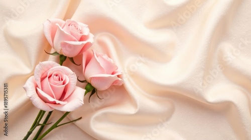 Delicate Pink Roses Resting on Soft Draped Fabric, a Romantic and Elegant Composition