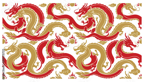 Slika na platnu Golden and crimson mythical dragons form an intricate traditional oriental patte