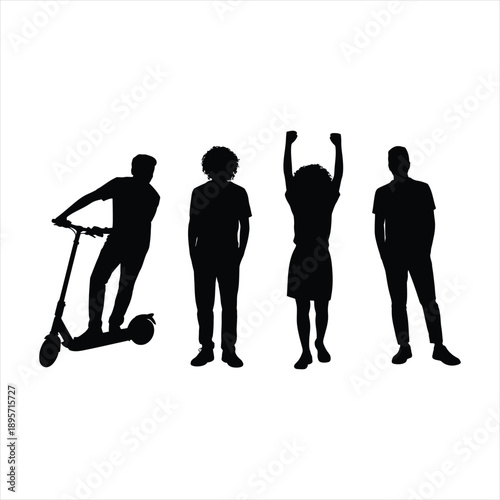 Silhouettes of young people standing and riding electric scooter together