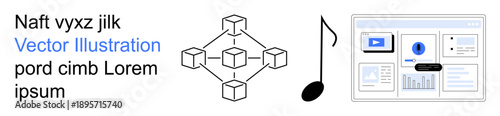 Blockchain, music streaming, data visualization, digital innovation, connectivity, information systems. Abstract blockchain network, musical note and digital data interface. Blockchain and music