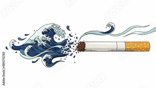 Artistic cigarette with flowing blue waves design.