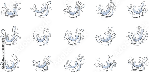 Collection of blue water splash illustrations arranged in a grid pattern on a clean white background viewed from directly above