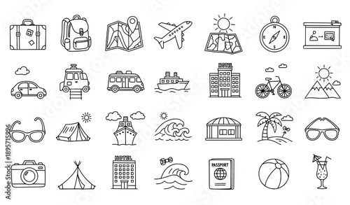 Hand drawn travel clip art outline vector icons