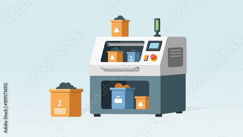 Smart automated recycling kiosk with sorted waste bins and touchscreen interface.