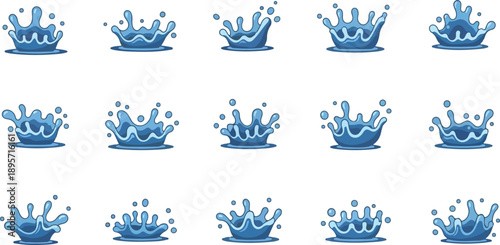 A grid pattern featuring blue crowns with splashes, arranged in rows on a clean white surface, viewed from directly above
