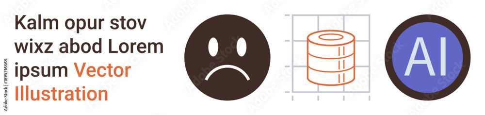 Fototapeta premium Data management, artificial intelligence, emotions, machine learning, technology, human-computer interaction. Sad face, stacked database graph AI label. Data management and artificial intelligence